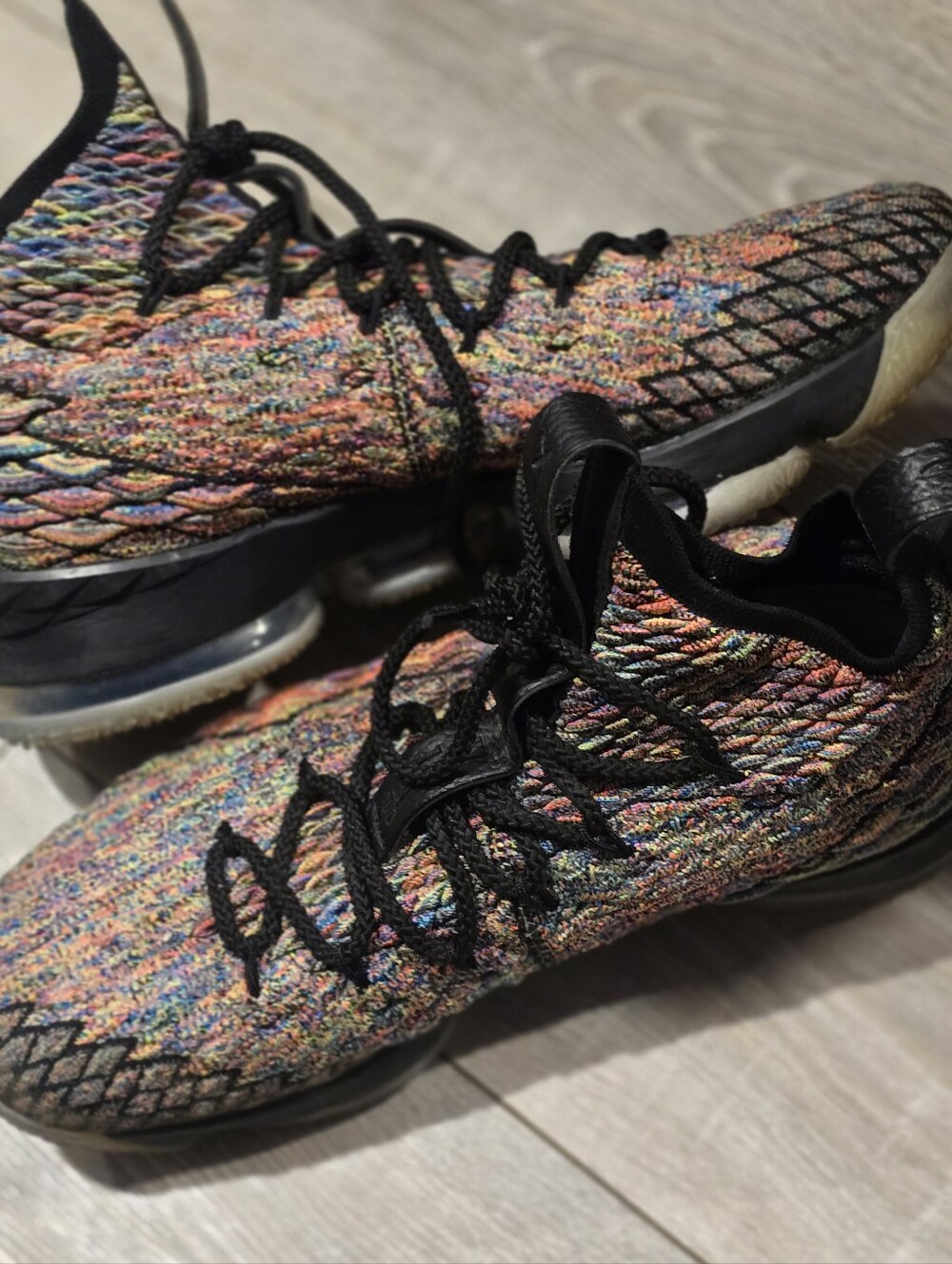 NIKE Lebron 15 XV 'Four Horsmen' Multicolor Fly Knit Sneakers with Black Accents